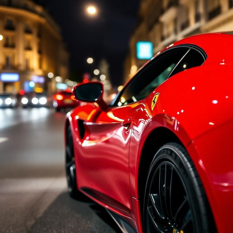 Glossy red Ferrari at night in London
