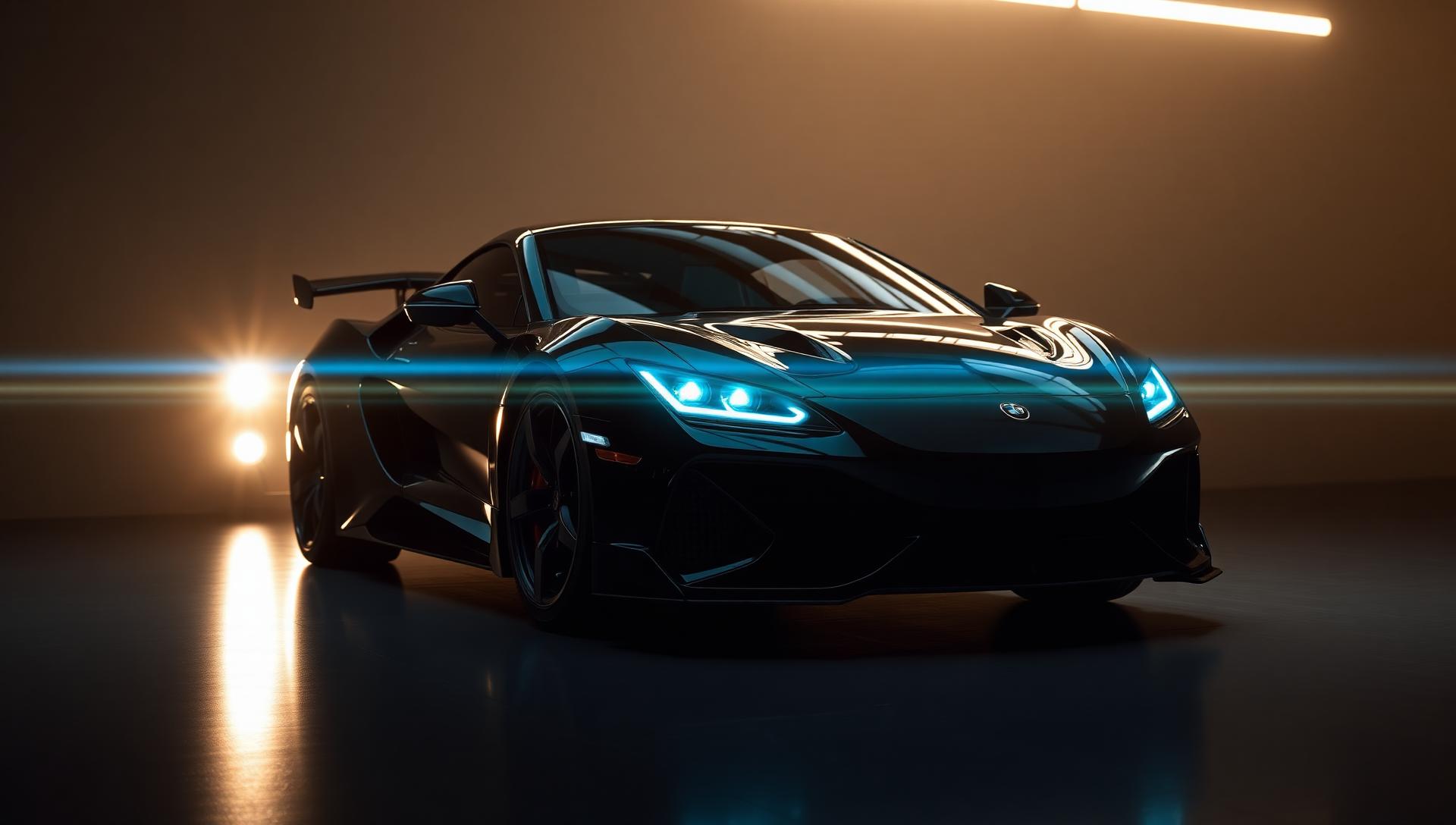 Glossy black sports car with cyan rim lighting